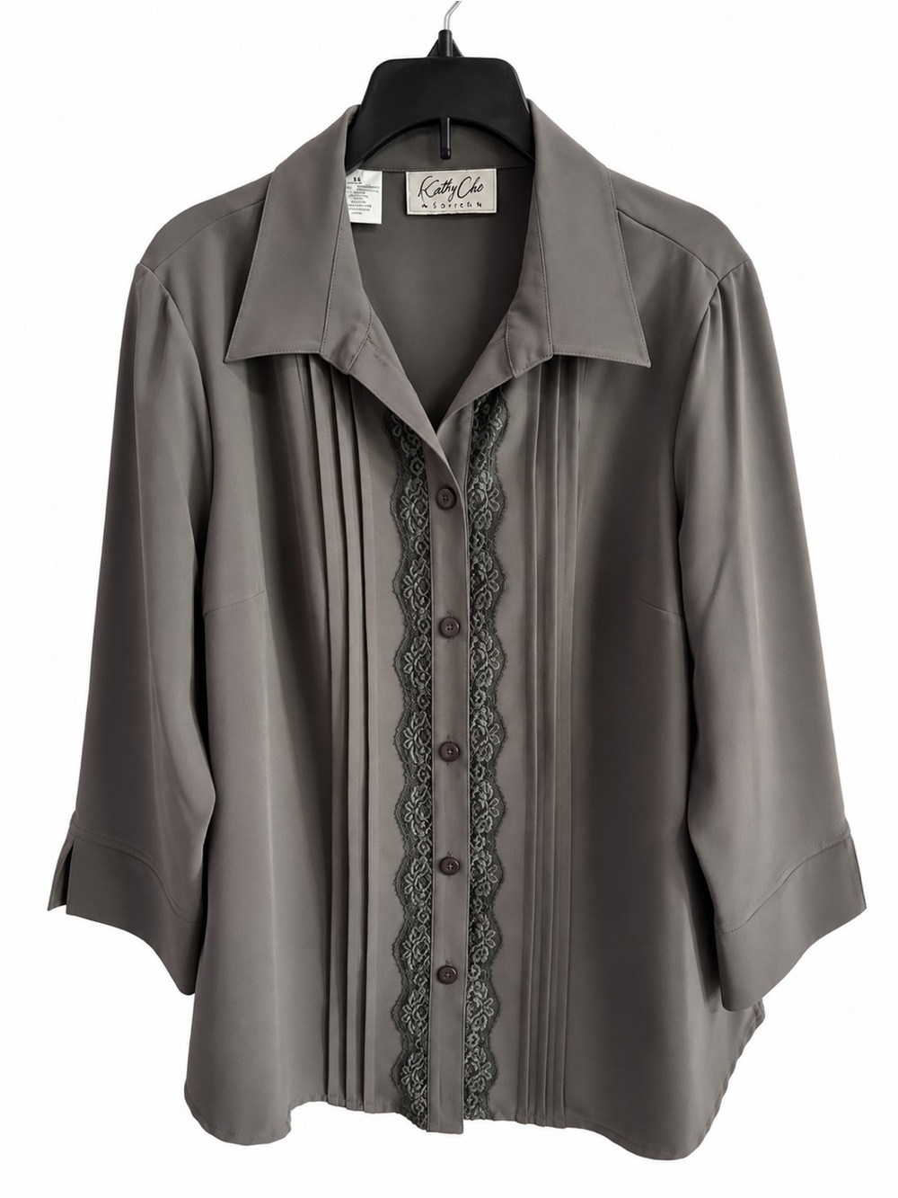 Kathy Che Gray Button-Front Shirt with Lace Trim